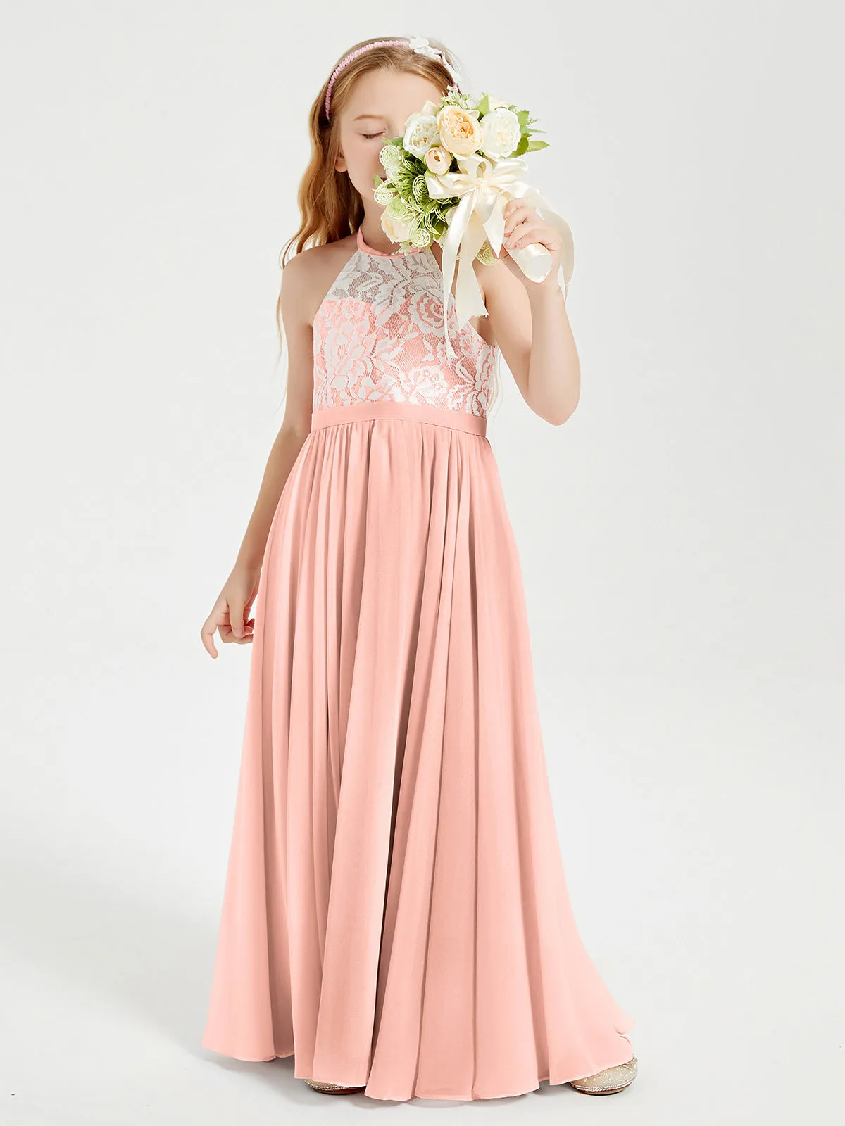 Long Chiffon Bridesmaid Dresses Lace Top Coral