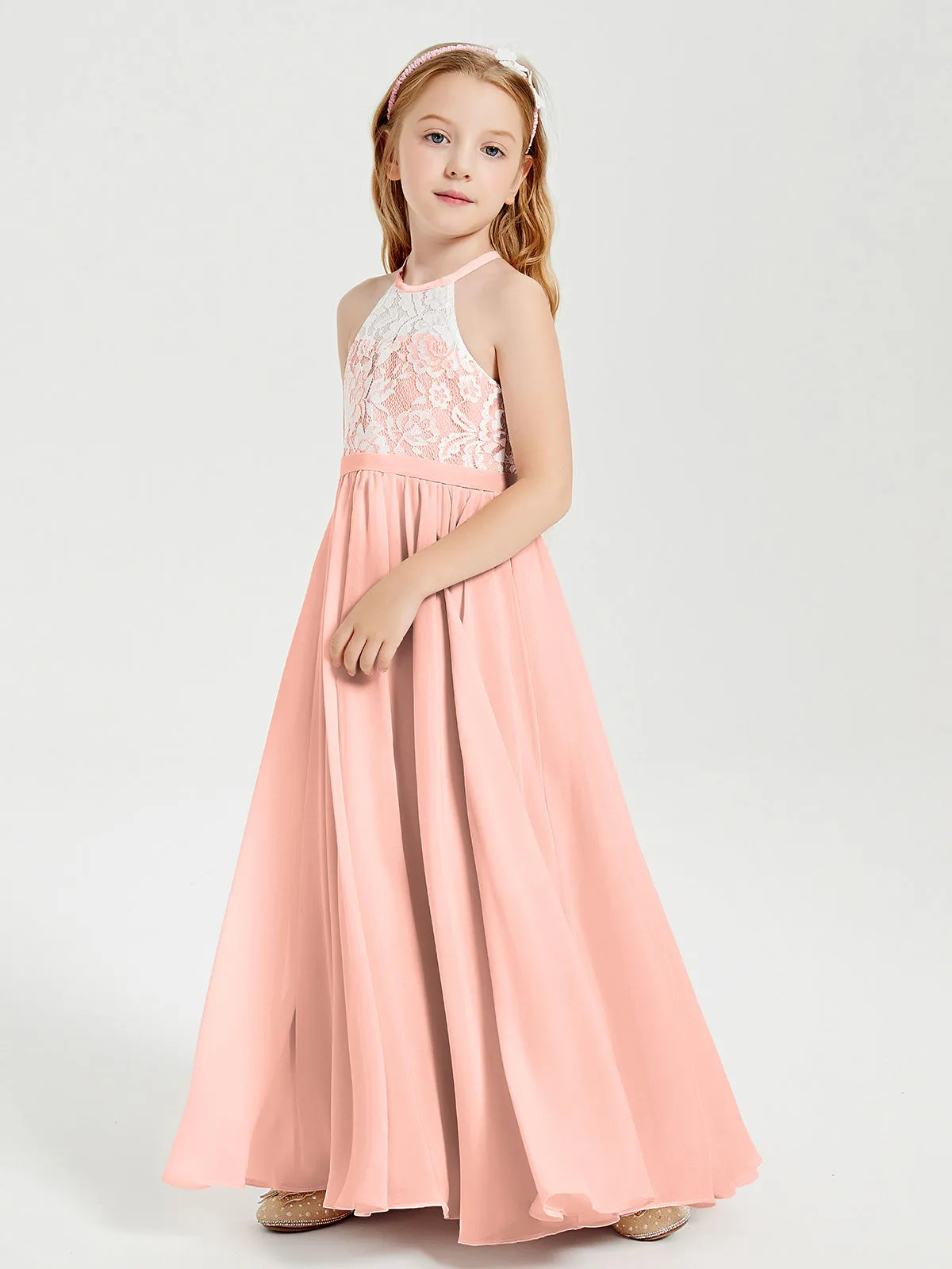 Long Chiffon Bridesmaid Dresses Lace Top Coral