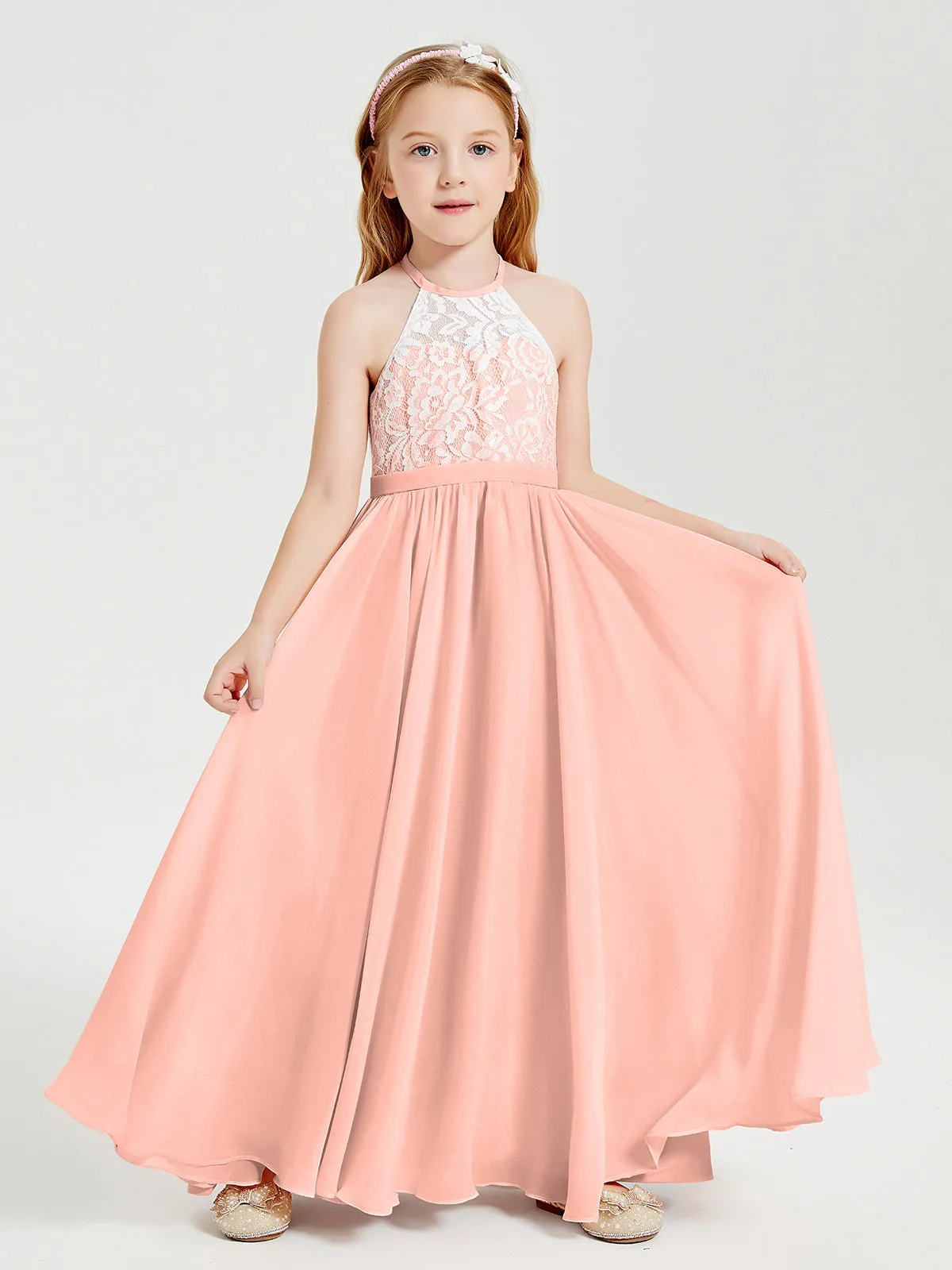 Long Chiffon Bridesmaid Dresses Lace Top Coral