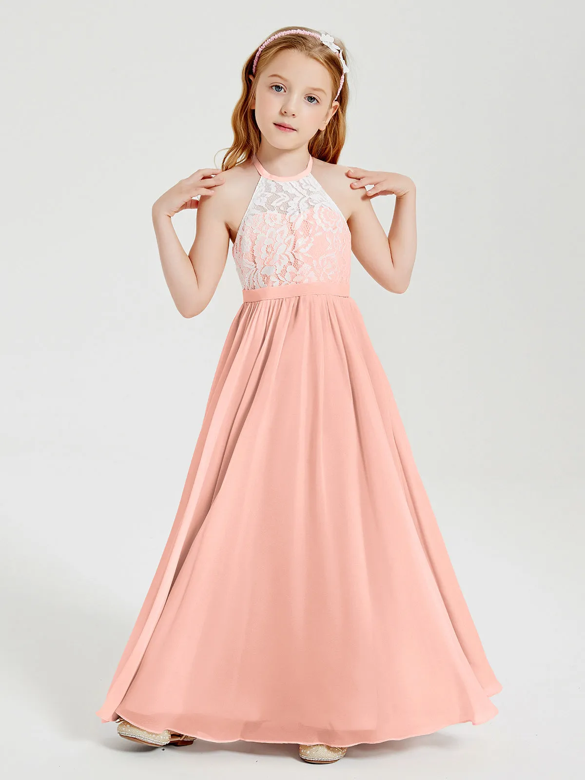 Long Chiffon Bridesmaid Dresses Lace Top Coral