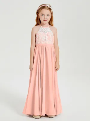 Long Chiffon Bridesmaid Dresses Lace Top Coral