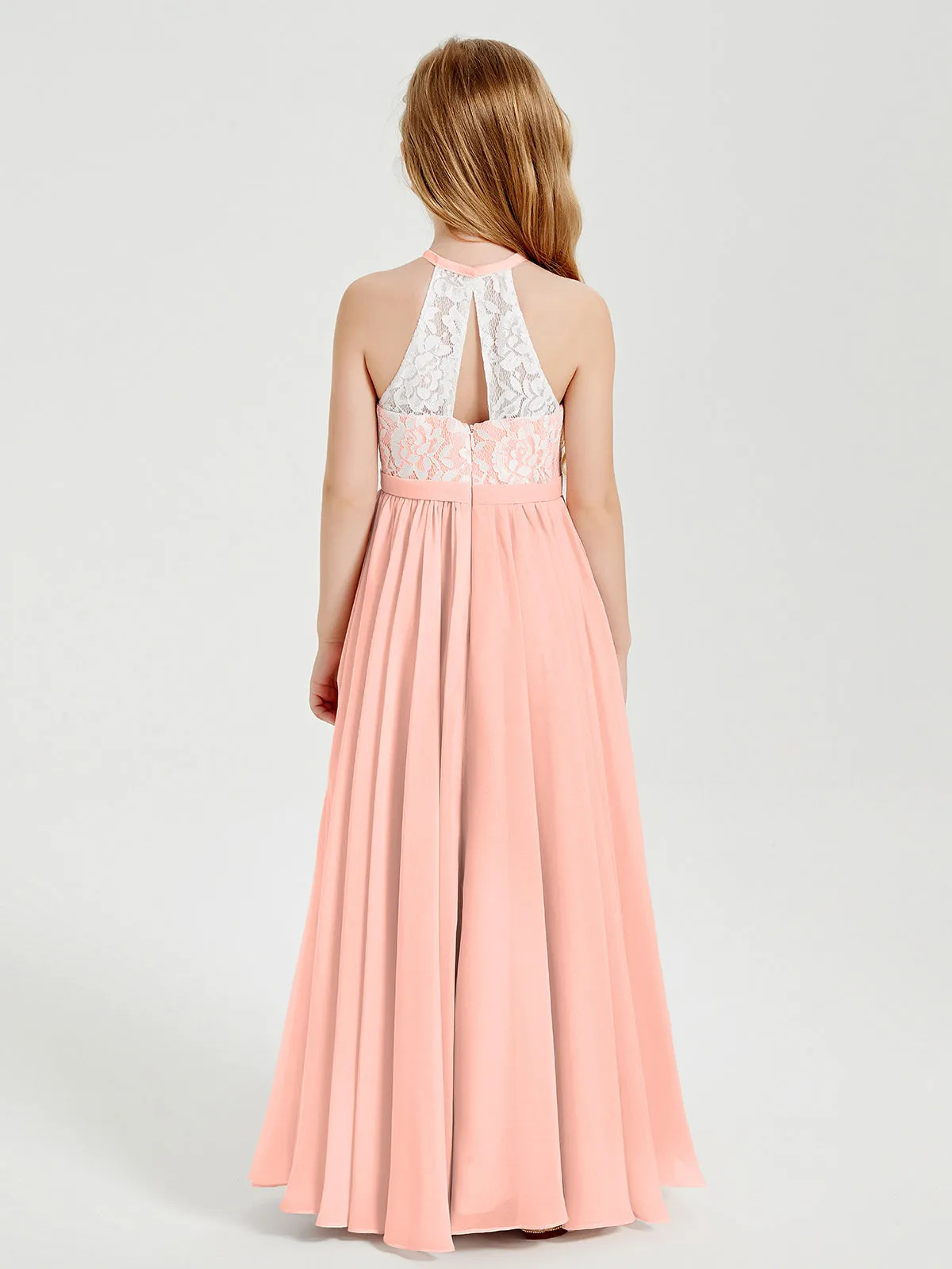 Long Chiffon Bridesmaid Dresses Lace Top Coral