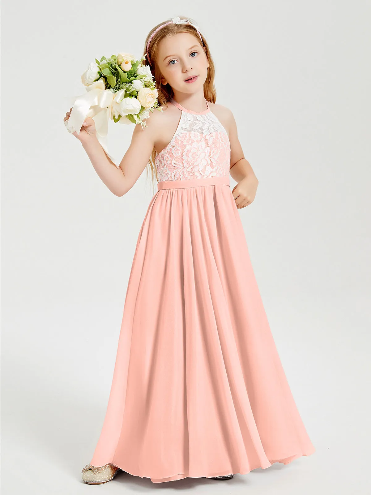 Long Chiffon Bridesmaid Dresses Lace Top Coral