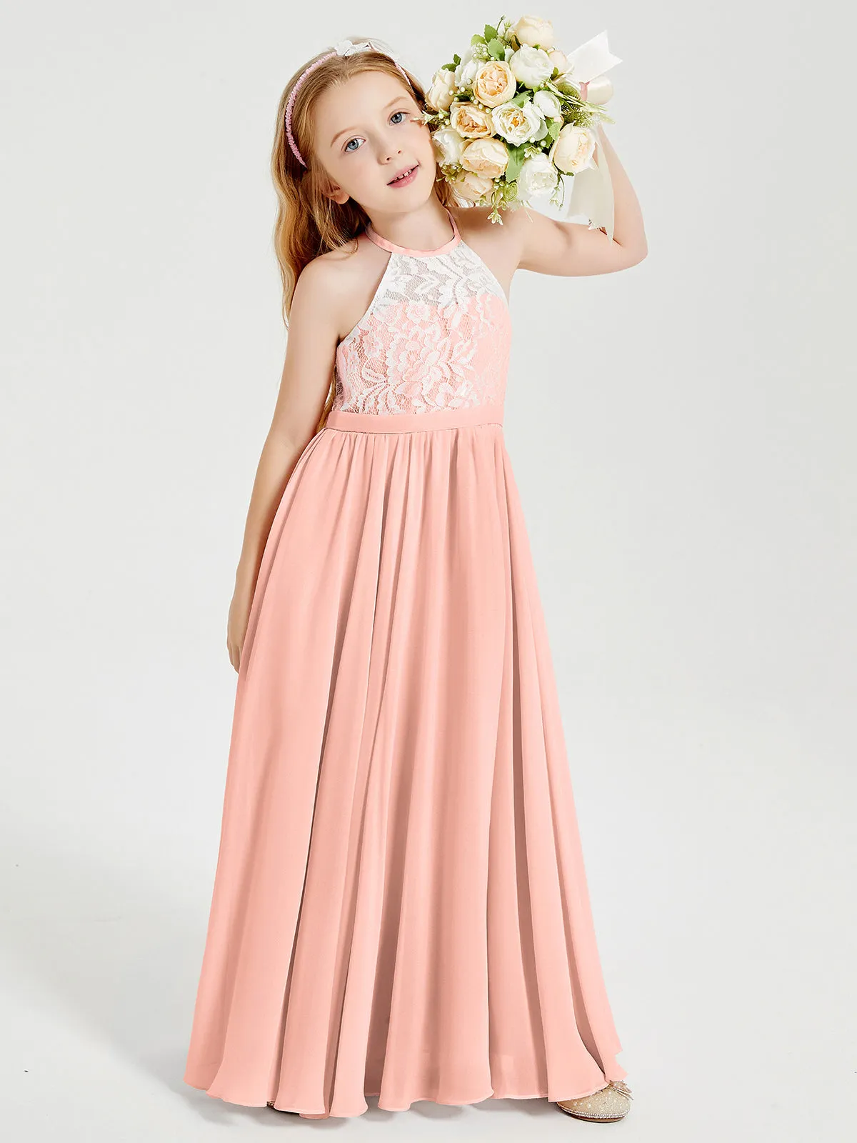 Long Chiffon Bridesmaid Dresses Lace Top Coral