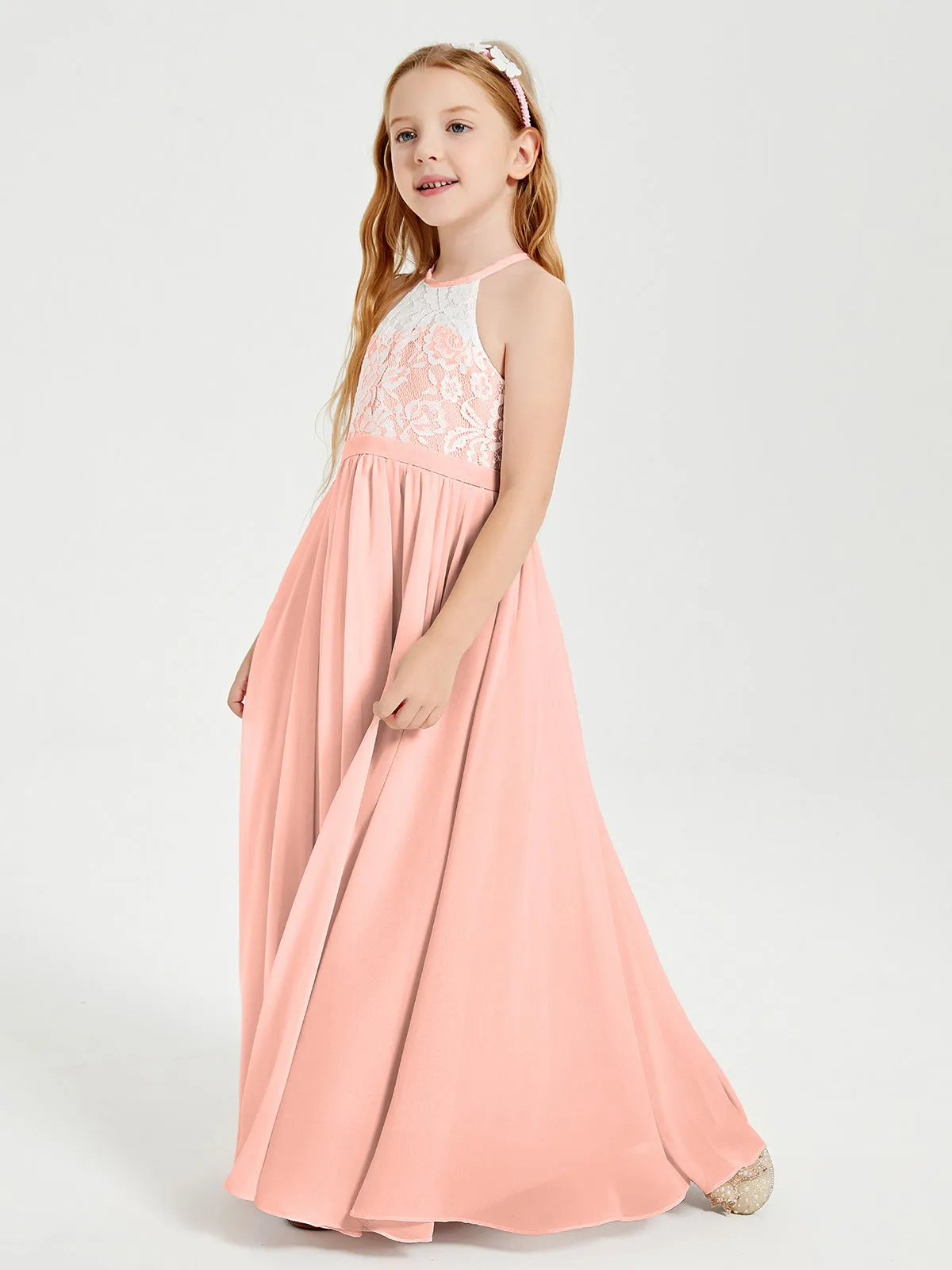 Long Chiffon Bridesmaid Dresses Lace Top Coral