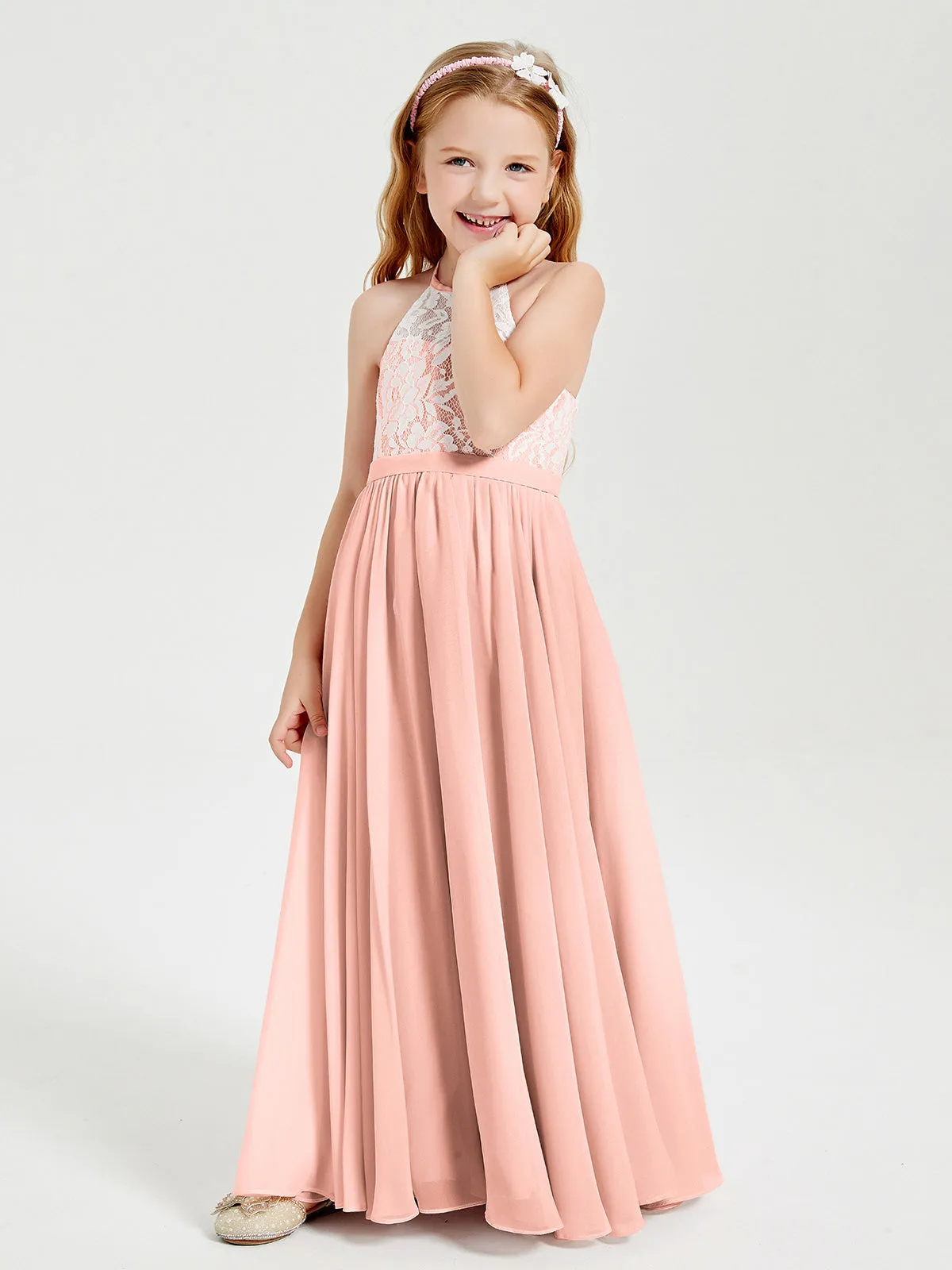 Long Chiffon Bridesmaid Dresses Lace Top Coral