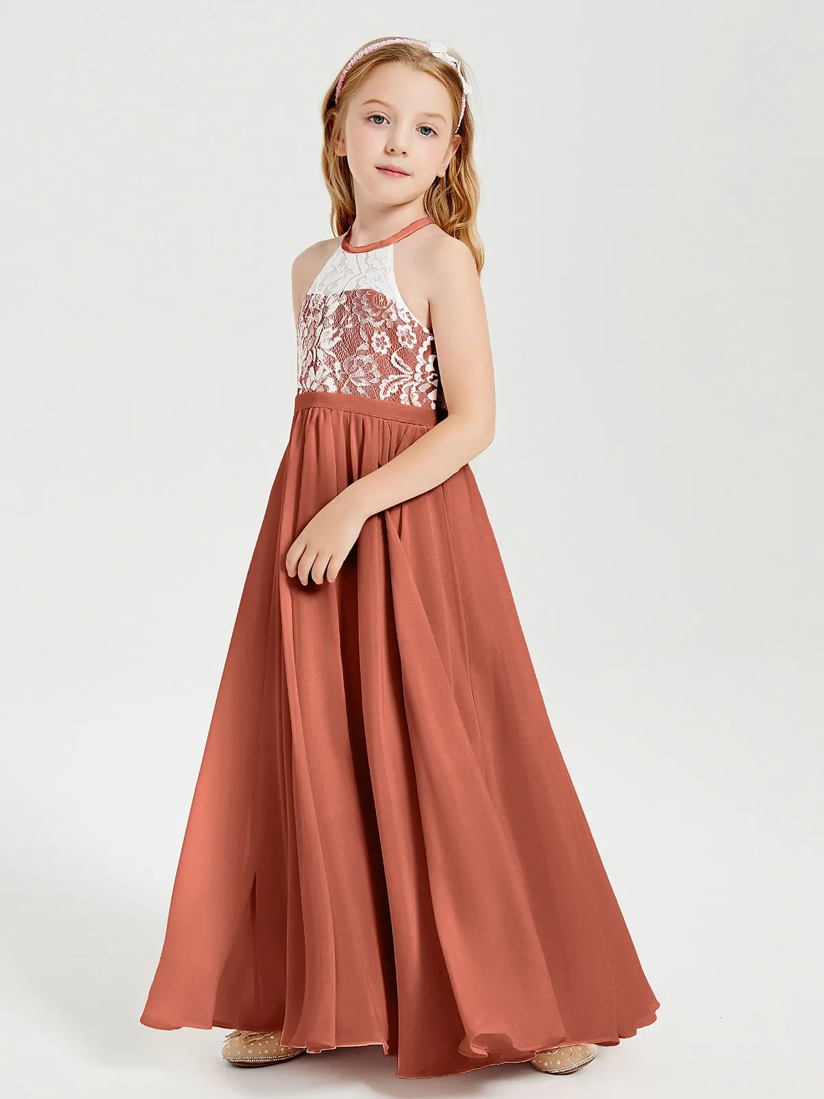 Long Chiffon Bridesmaid Dresses Lace Top Rust