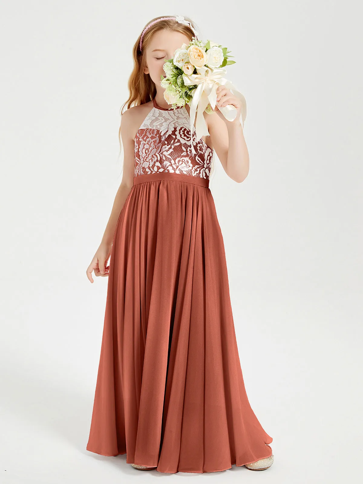 Long Chiffon Bridesmaid Dresses Lace Top Rust