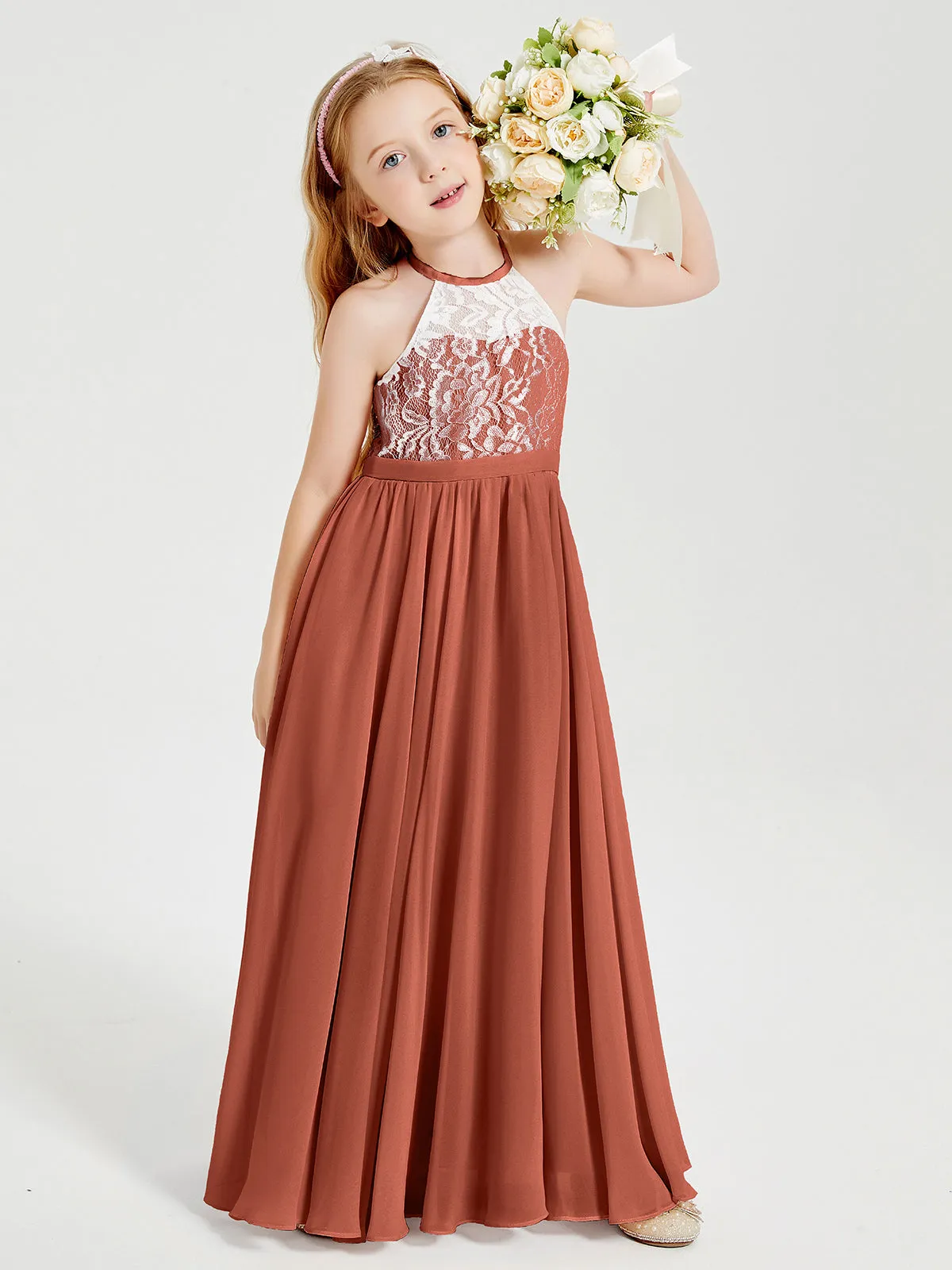 Long Chiffon Bridesmaid Dresses Lace Top Rust