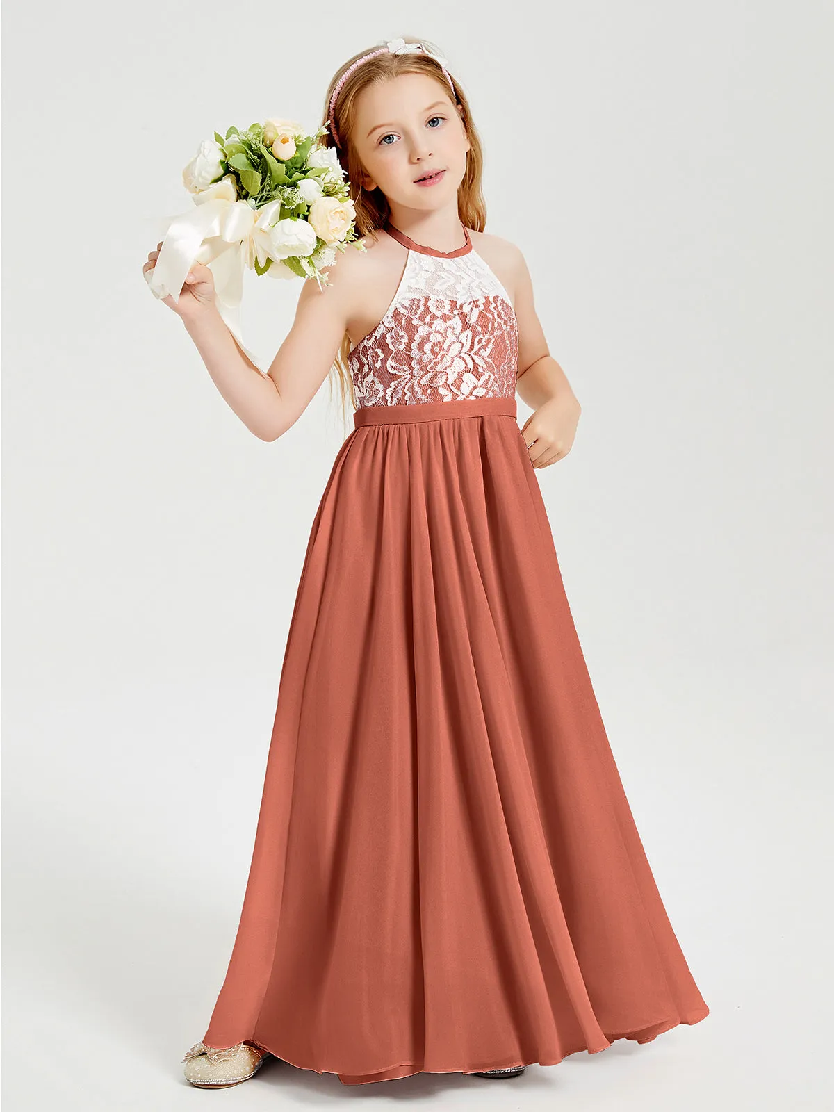 Long Chiffon Bridesmaid Dresses Lace Top Rust