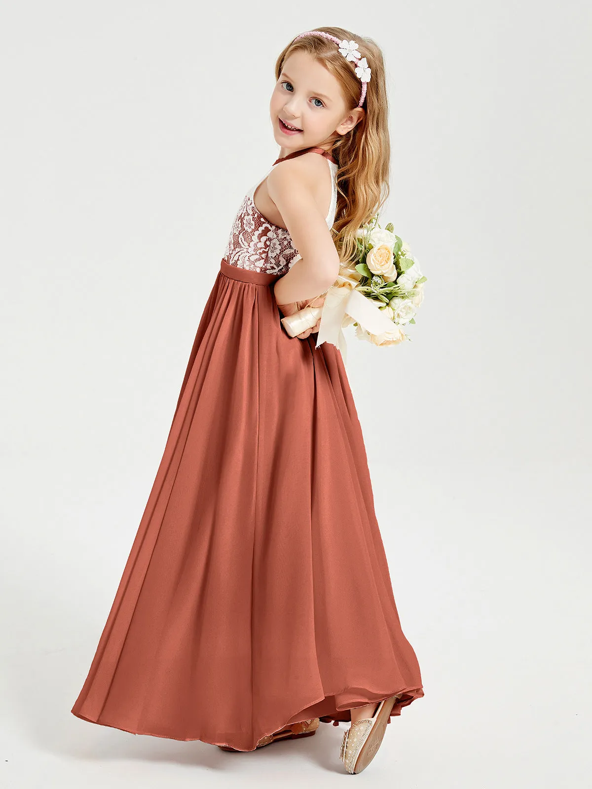 Long Chiffon Bridesmaid Dresses Lace Top Rust