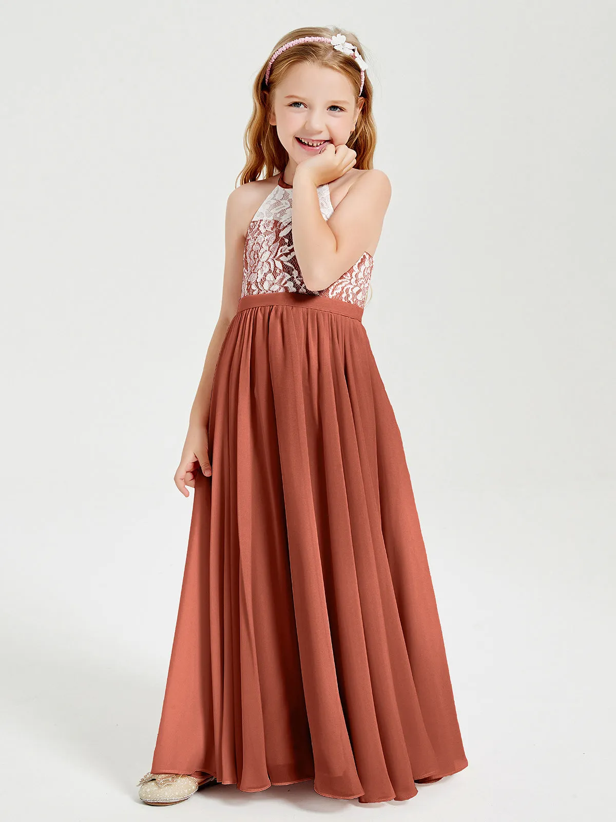 Long Chiffon Bridesmaid Dresses Lace Top Rust