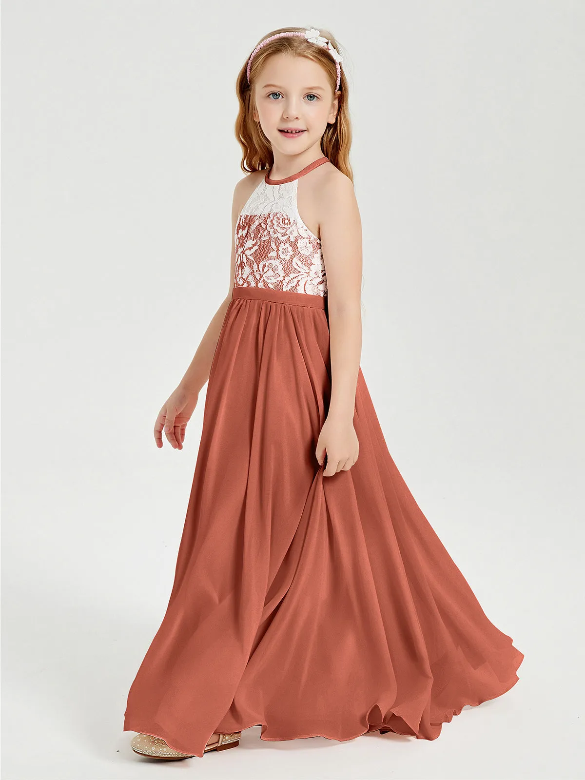 Long Chiffon Bridesmaid Dresses Lace Top Rust