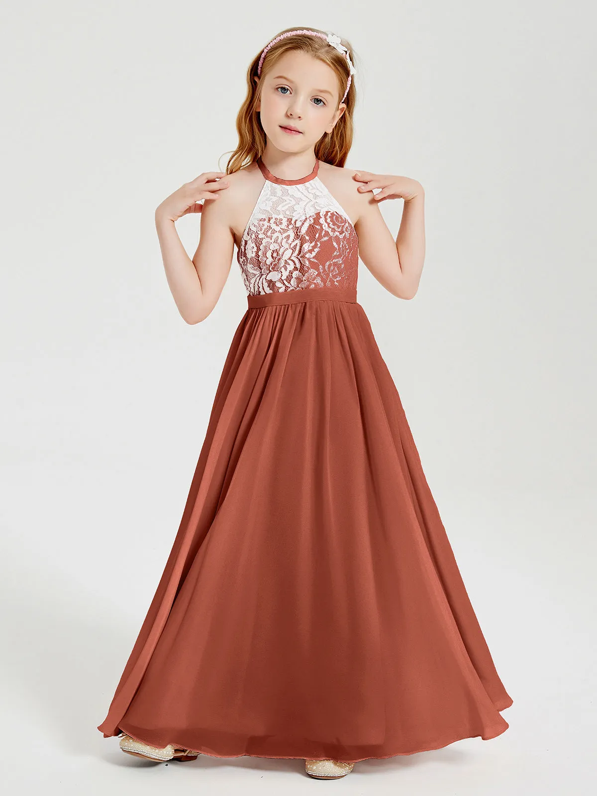 Long Chiffon Bridesmaid Dresses Lace Top Rust