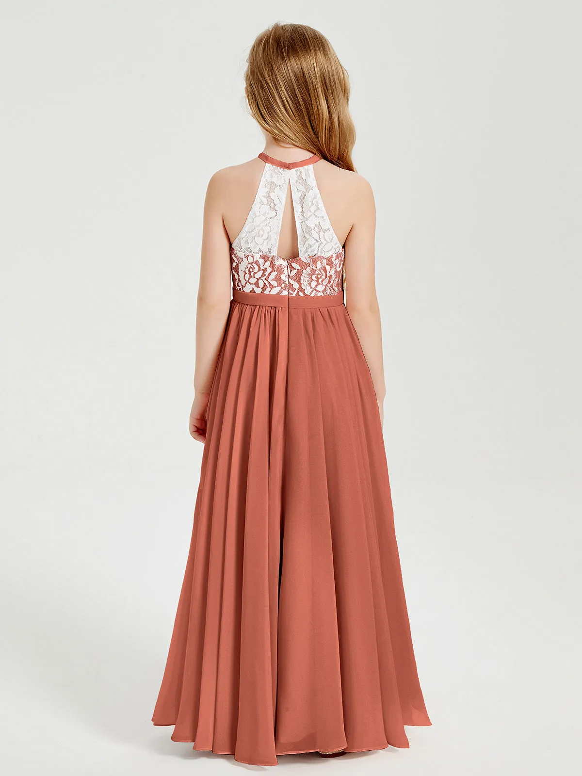 Long Chiffon Bridesmaid Dresses Lace Top Rust