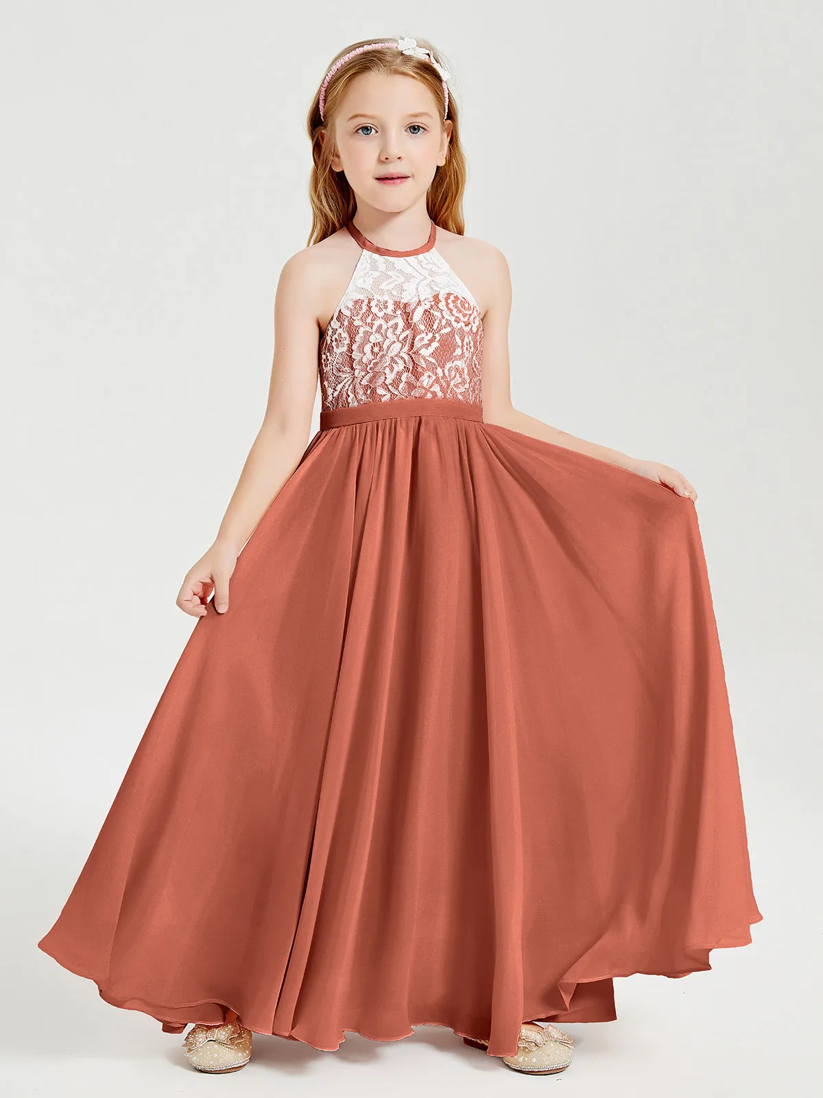 Long Chiffon Bridesmaid Dresses Lace Top Rust