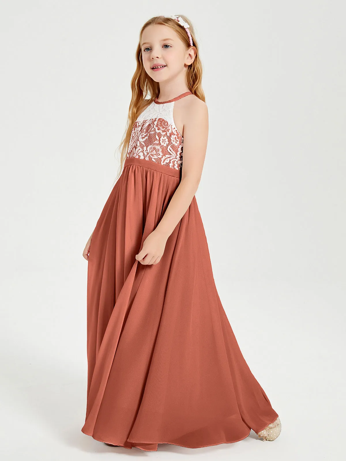 Long Chiffon Bridesmaid Dresses Lace Top Rust