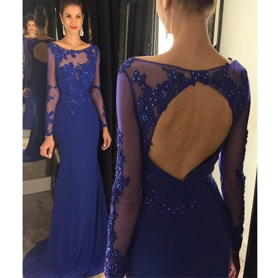 Long Sleeve Royal Blue Open Back Round Neck Appliques Charming Evening Prom Dress , PD0203