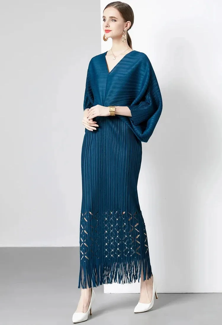 Miyake Pleated Batwing Sleeve Tassel Maxi Dress