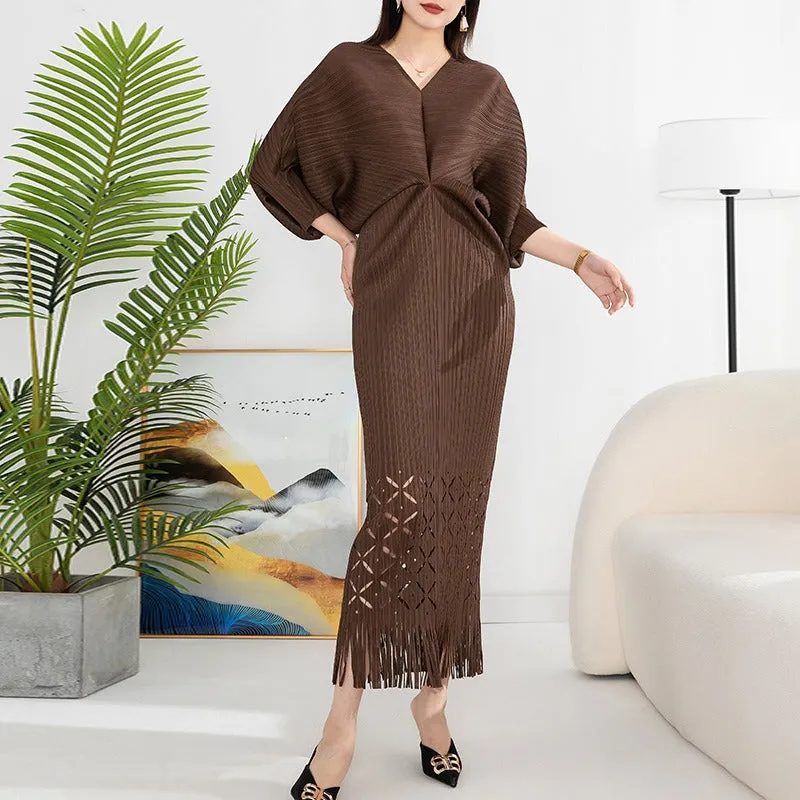 Miyake Pleated Batwing Sleeve Tassel Maxi Dress