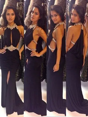 New Black Halter Rhinestones Sparkly Sexy Evening Prom Gown Dresses. PD0290