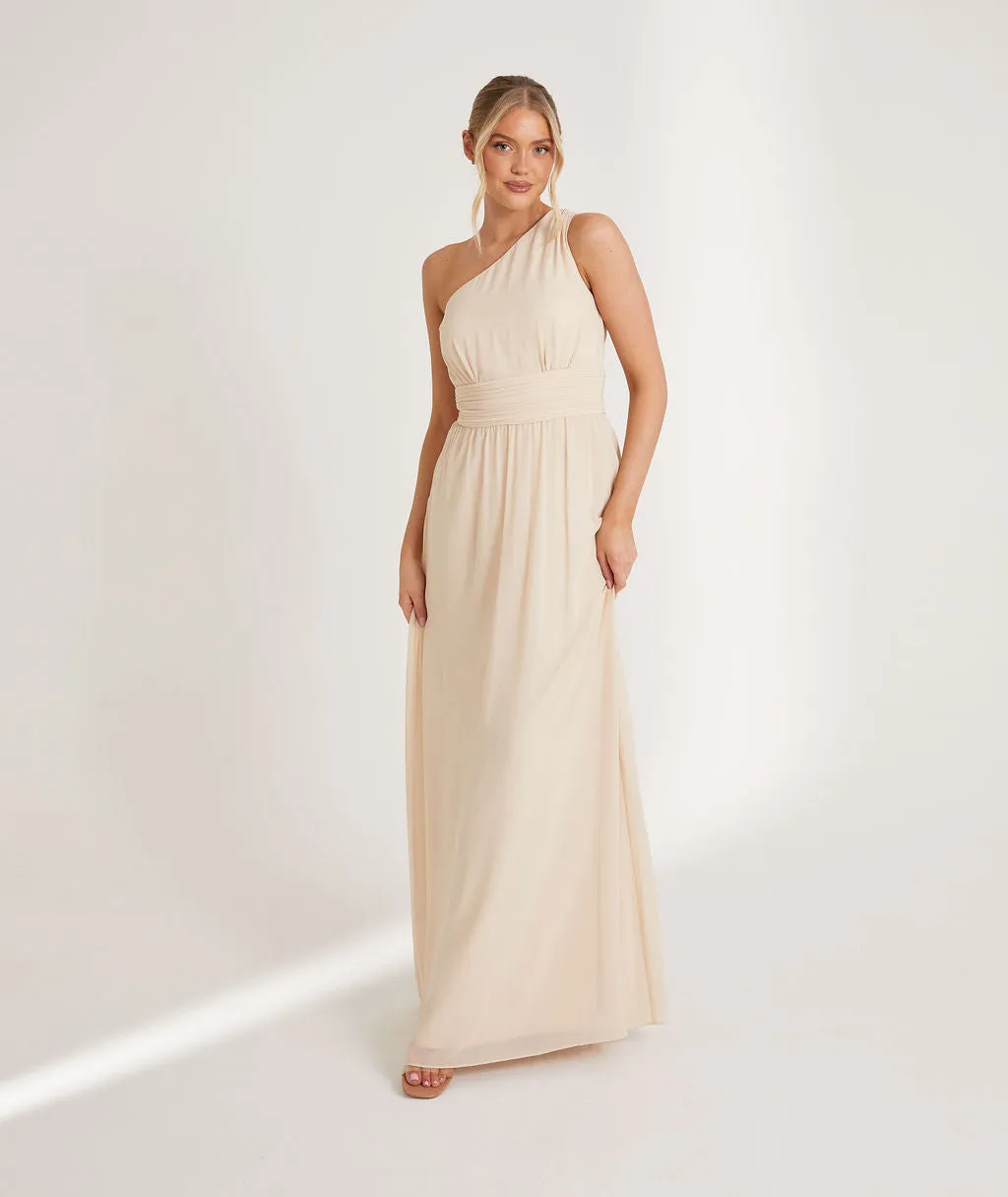 One Shoulder Pleated Waist Chiffon Bridesmaid Dress - Vintage Cream