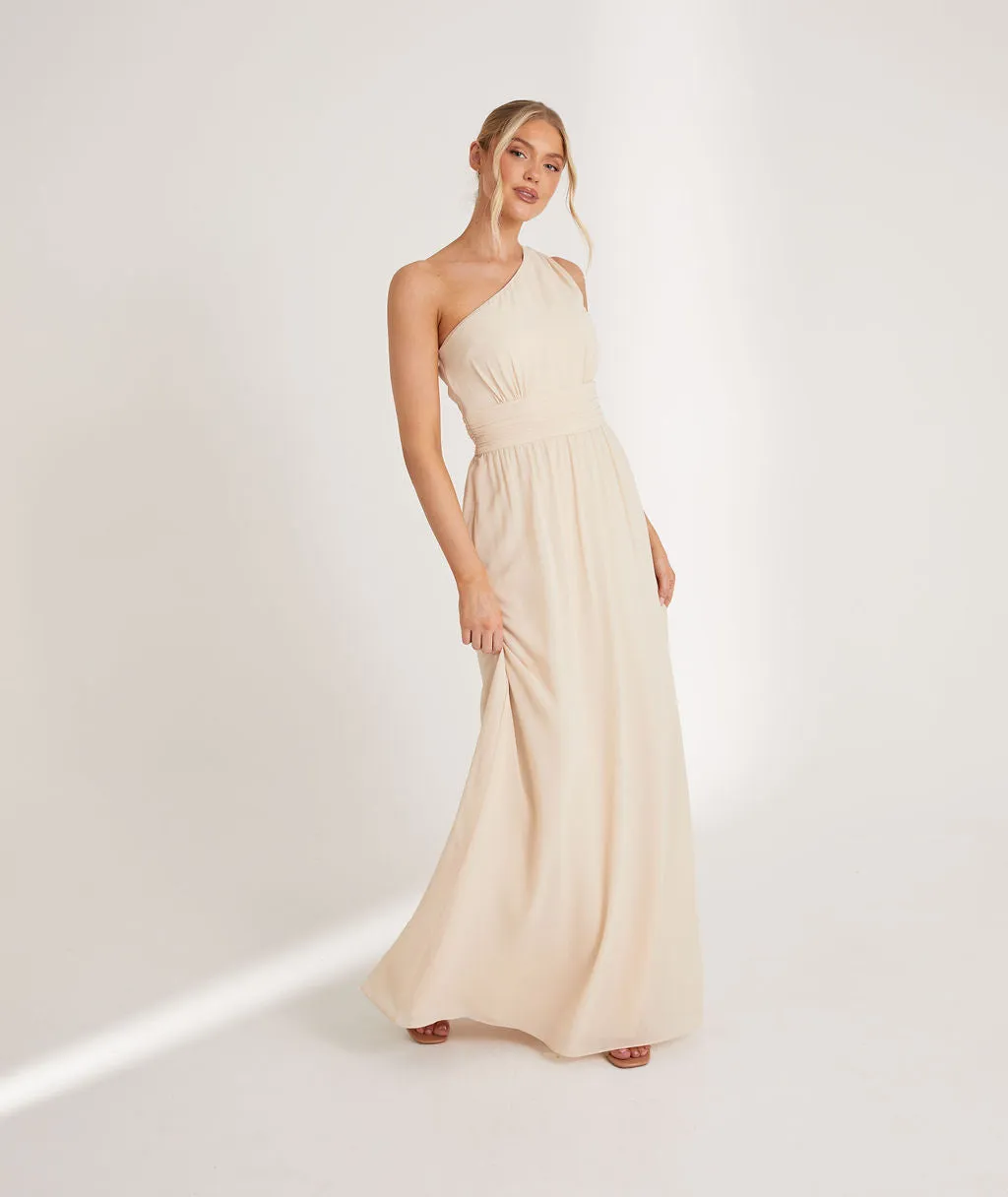 One Shoulder Pleated Waist Chiffon Bridesmaid Dress - Vintage Cream