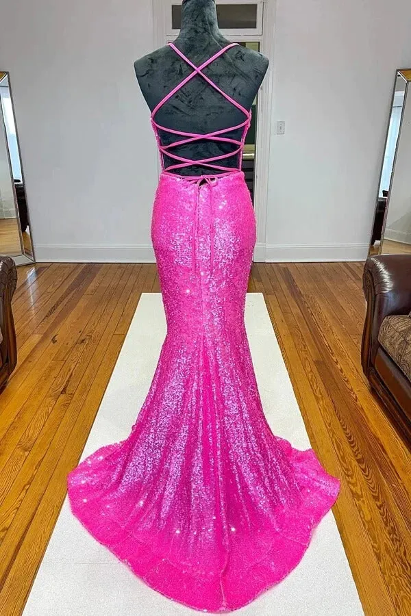 Orange Sequins Mermaid Sparkly Long Prom Dresses, Evening Dresses