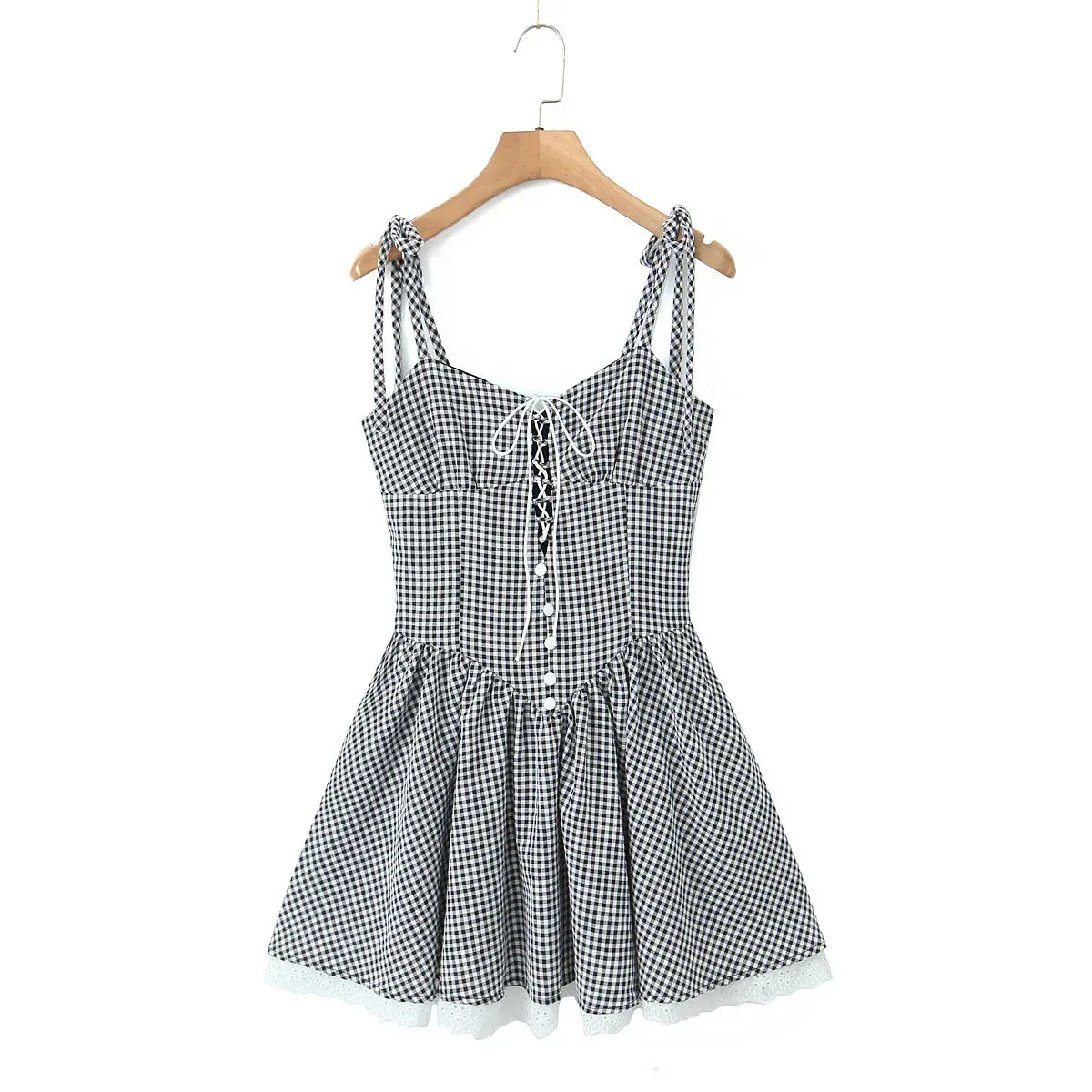 Plaid Lace Up Charming Strap Mini Dress