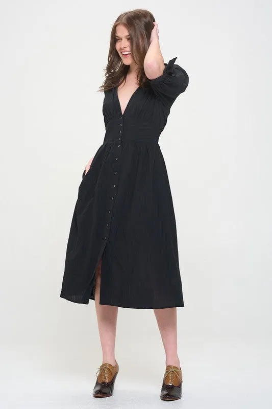 Plus Puff Sleeve V-Neck Button Down Midi Dress