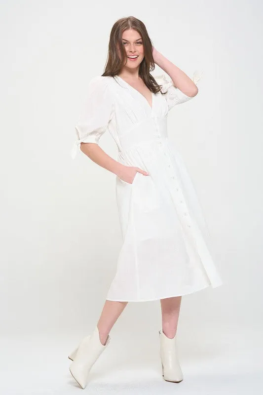 Plus Puff Sleeve V-Neck Button Down Midi Dress