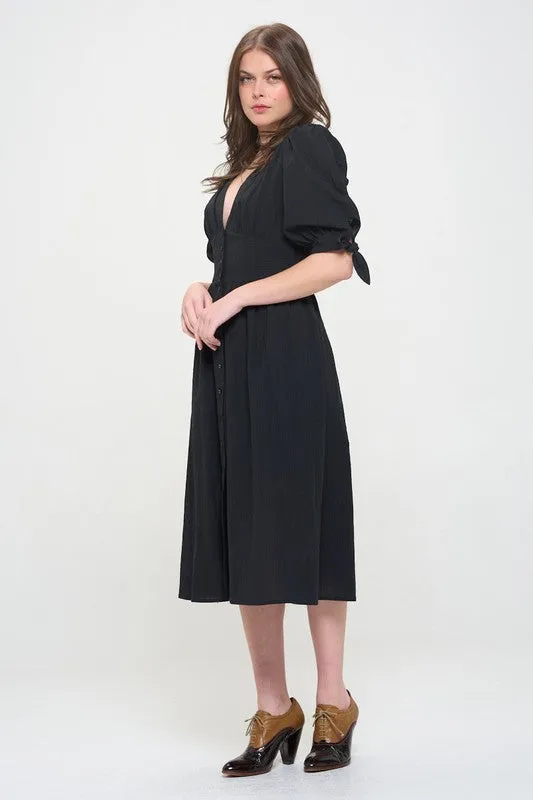 Plus Puff Sleeve V-Neck Button Down Midi Dress