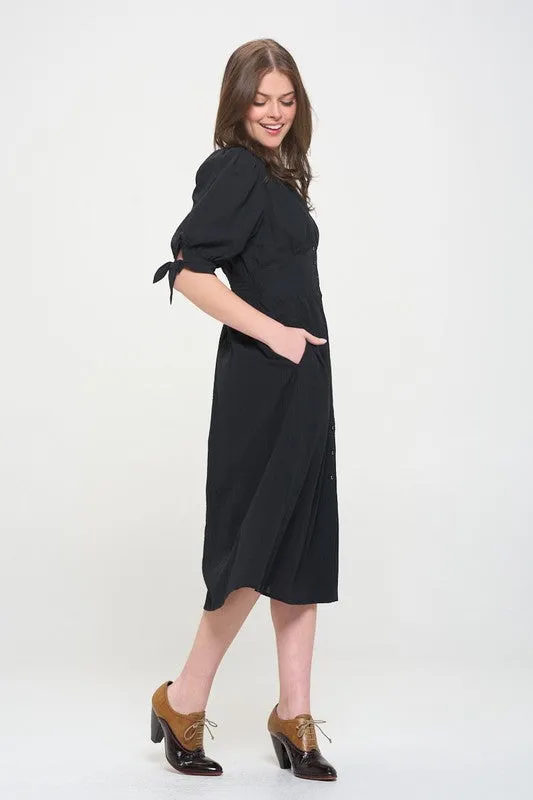 Plus Puff Sleeve V-Neck Button Down Midi Dress