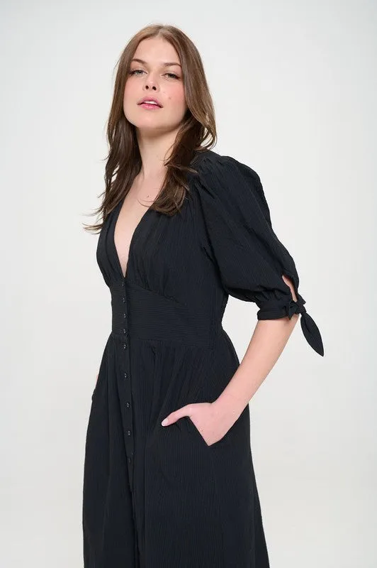 Plus Puff Sleeve V-Neck Button Down Midi Dress