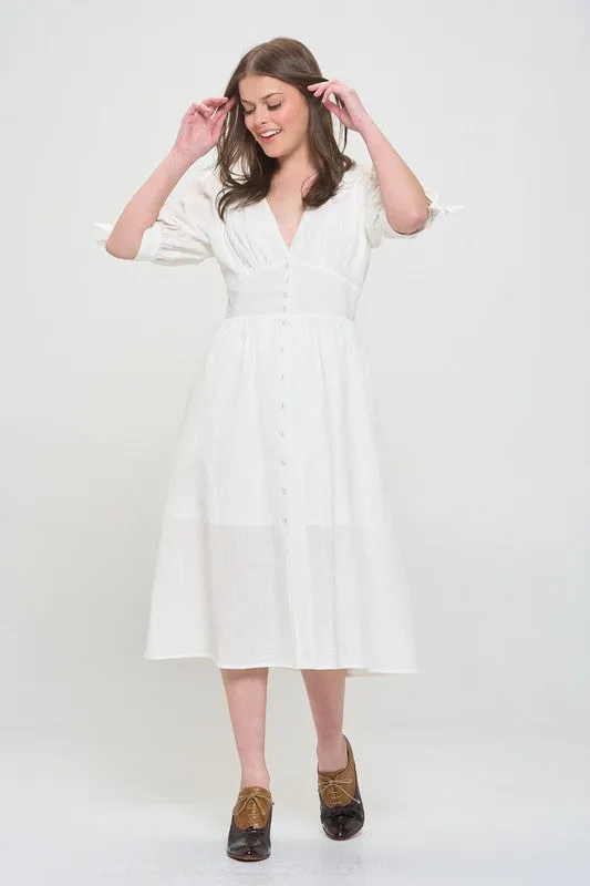 Plus Puff Sleeve V-Neck Button Down Midi Dress