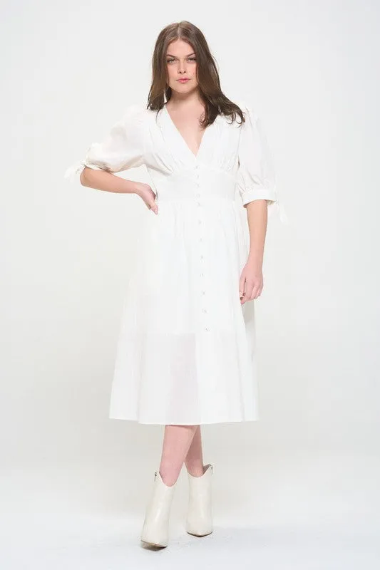 Plus Puff Sleeve V-Neck Button Down Midi Dress