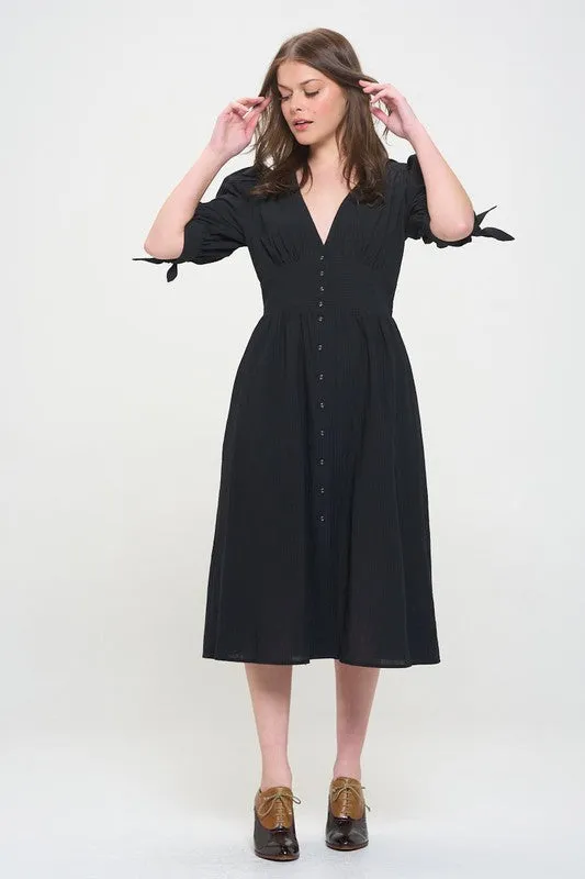 Plus Puff Sleeve V-Neck Button Down Midi Dress