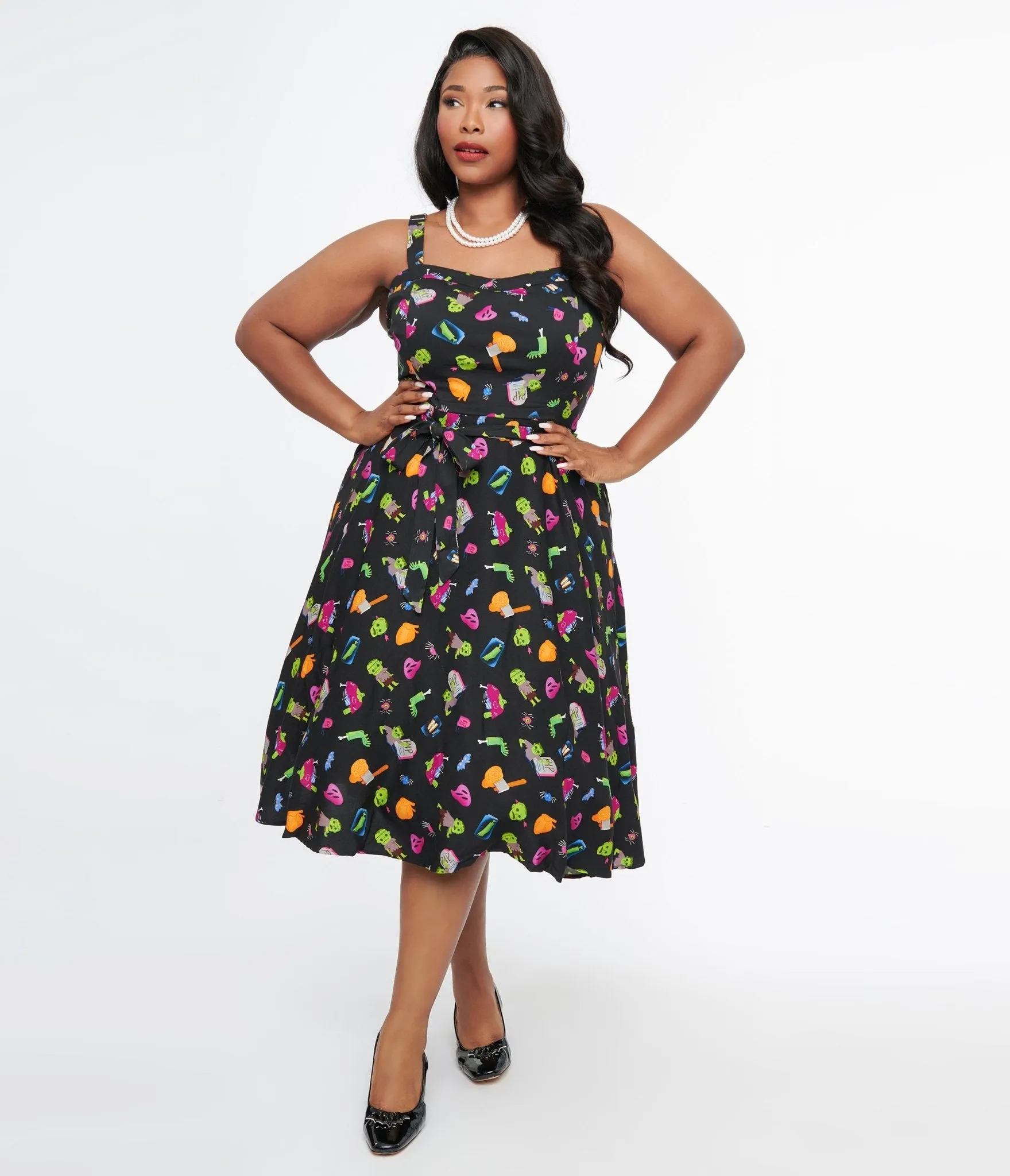 Plus Size 1950s Black Zombie Print Lori Swing Dress