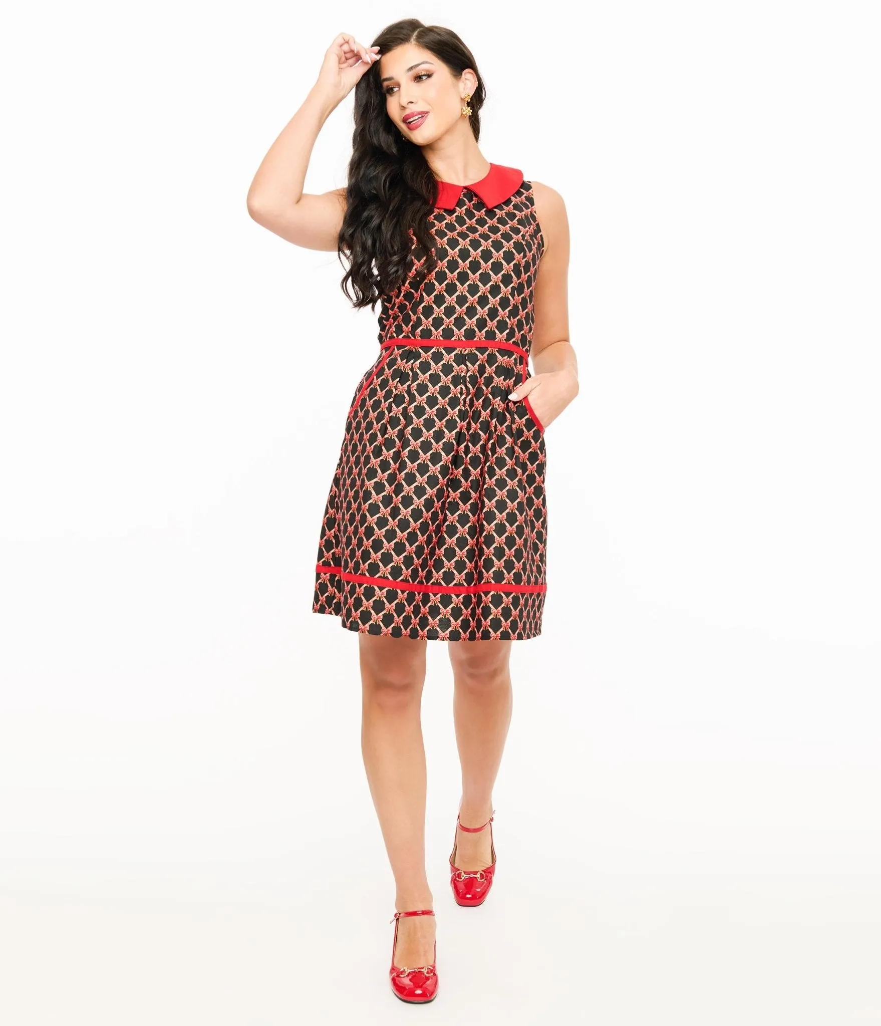 Retrolicious 1950s Black & Red Bow Cotton Fit & Flare Dress