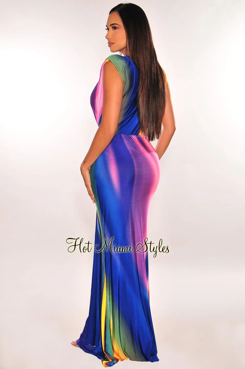 Royal Ombre Print Silky Plunge Padded Shoulder Draped Maxi Dress