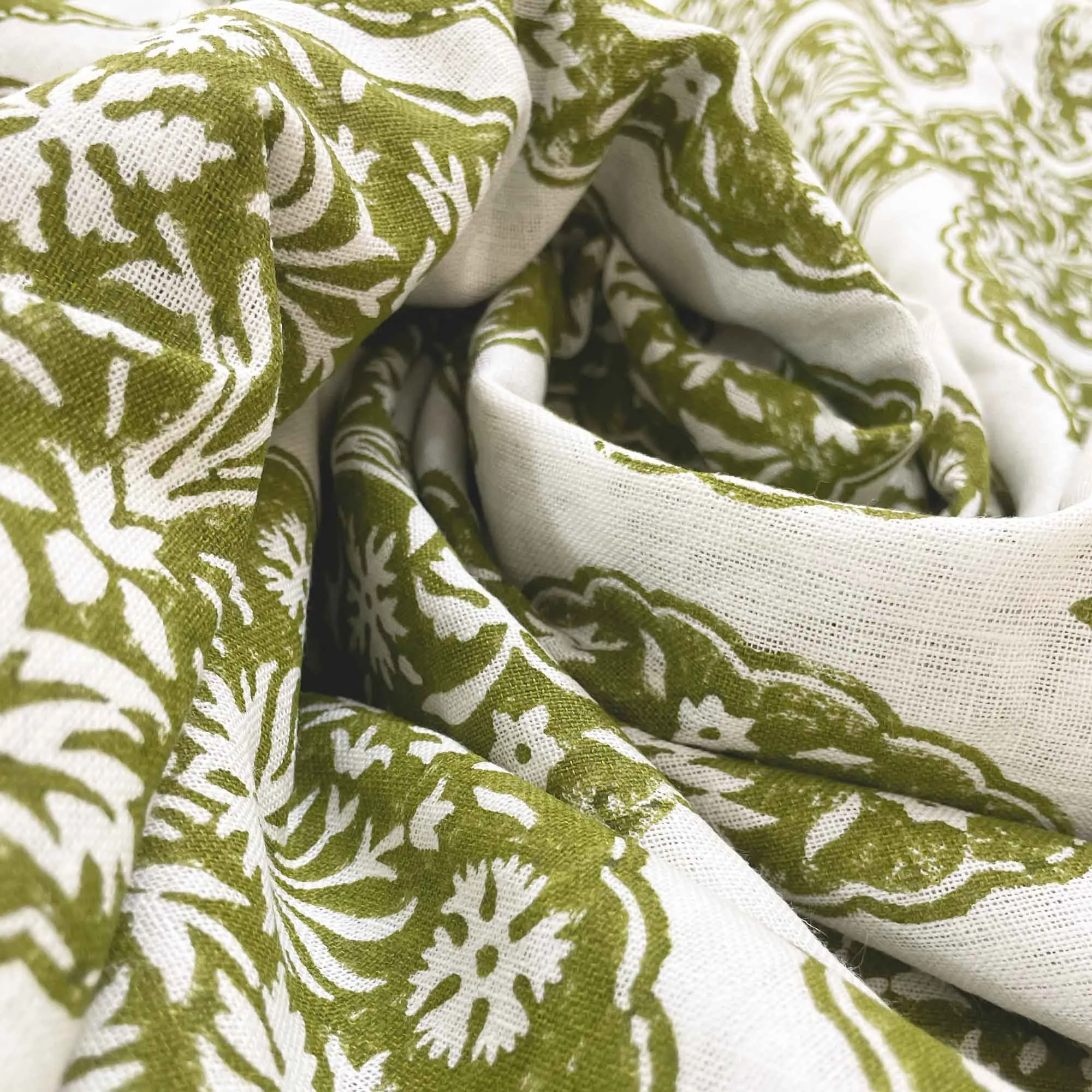 Sage Green Designer Hand Block Printed Linen Fabric