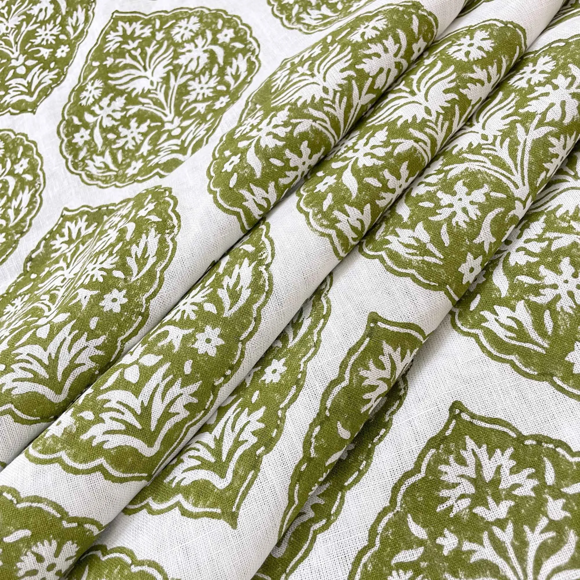 Sage Green Designer Hand Block Printed Linen Fabric