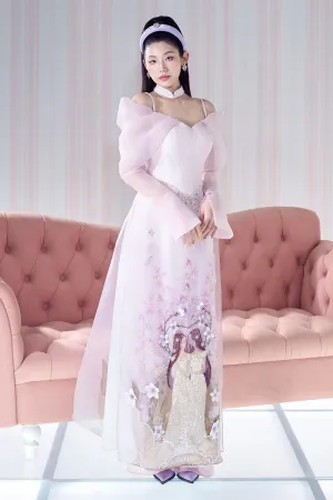 Scattered Petals A-line Poet Sleeved Organza Floor Length Ao Dai