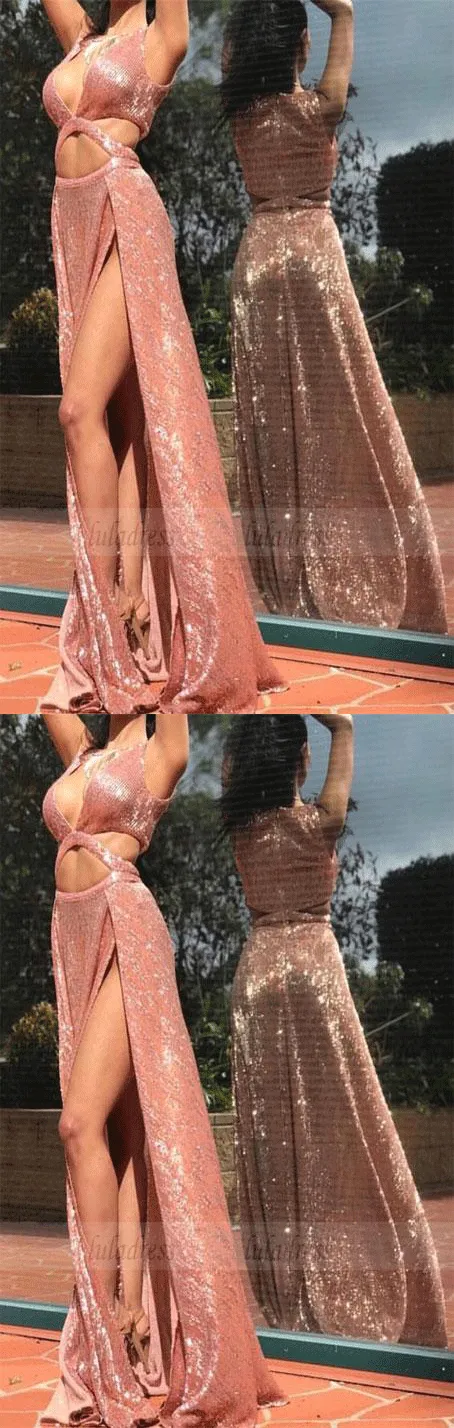 sexy rose gold shiny sequined prom party dresses