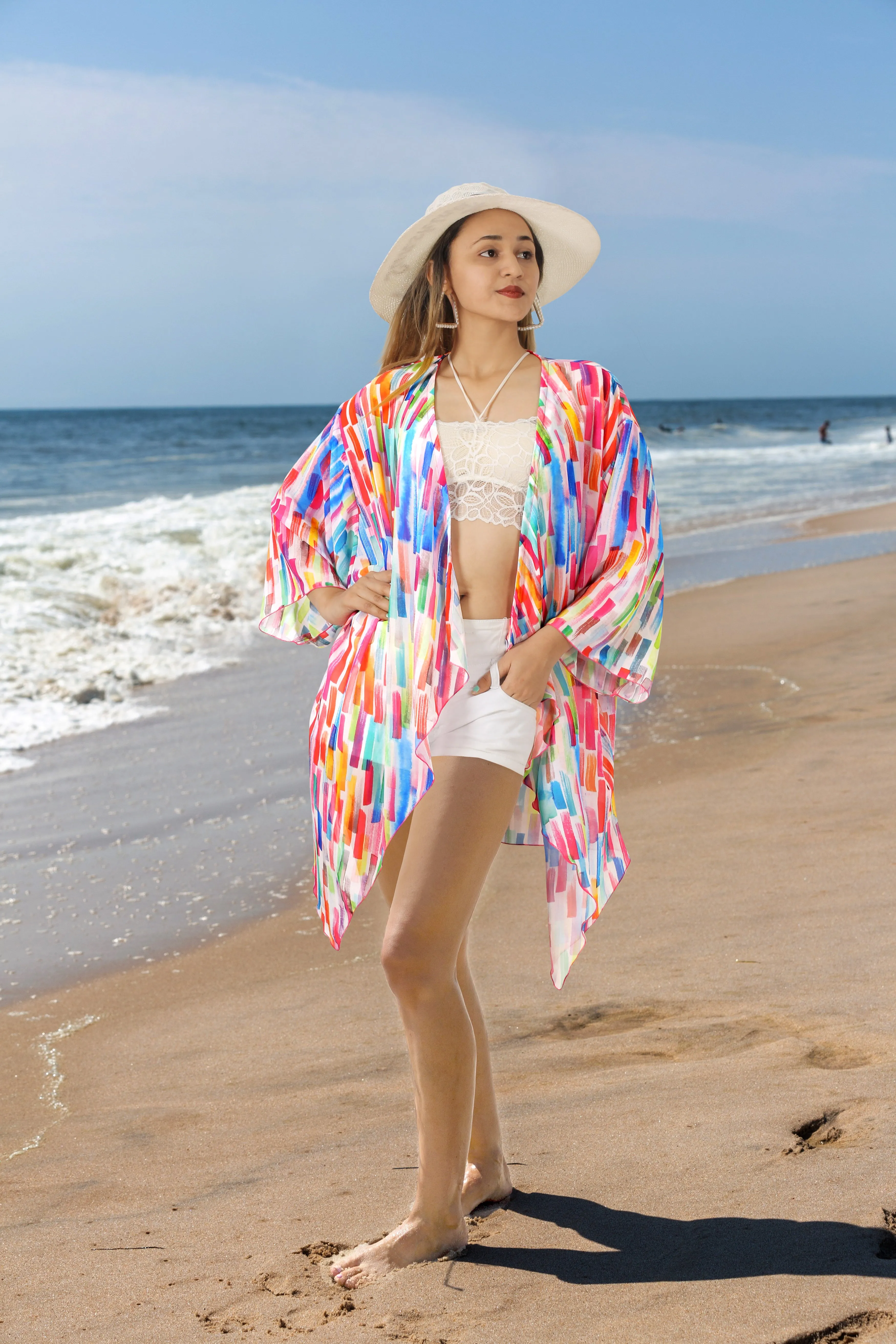 Sheer Artistic Varicolor Stripes Printed Kimono Shrug Jacket Cover up