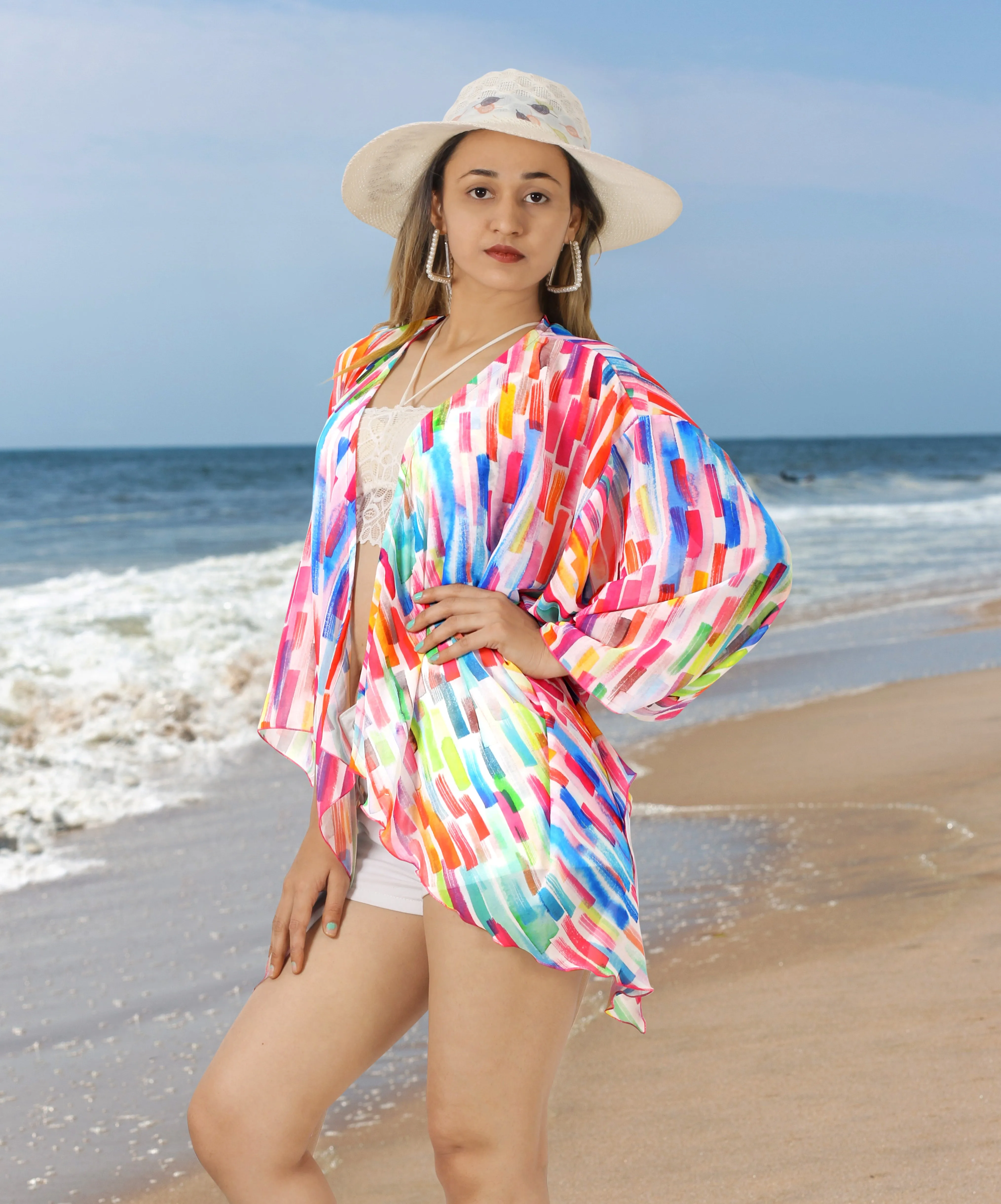 Sheer Artistic Varicolor Stripes Printed Kimono Shrug Jacket Cover up