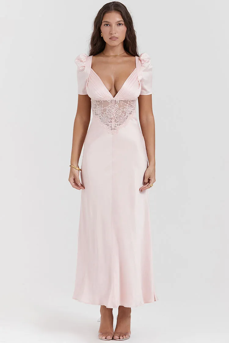 Silky Satin Pleated Deep V Puff Sleeve Lace Panel Fishtail Evening Maxi Dress - Pink