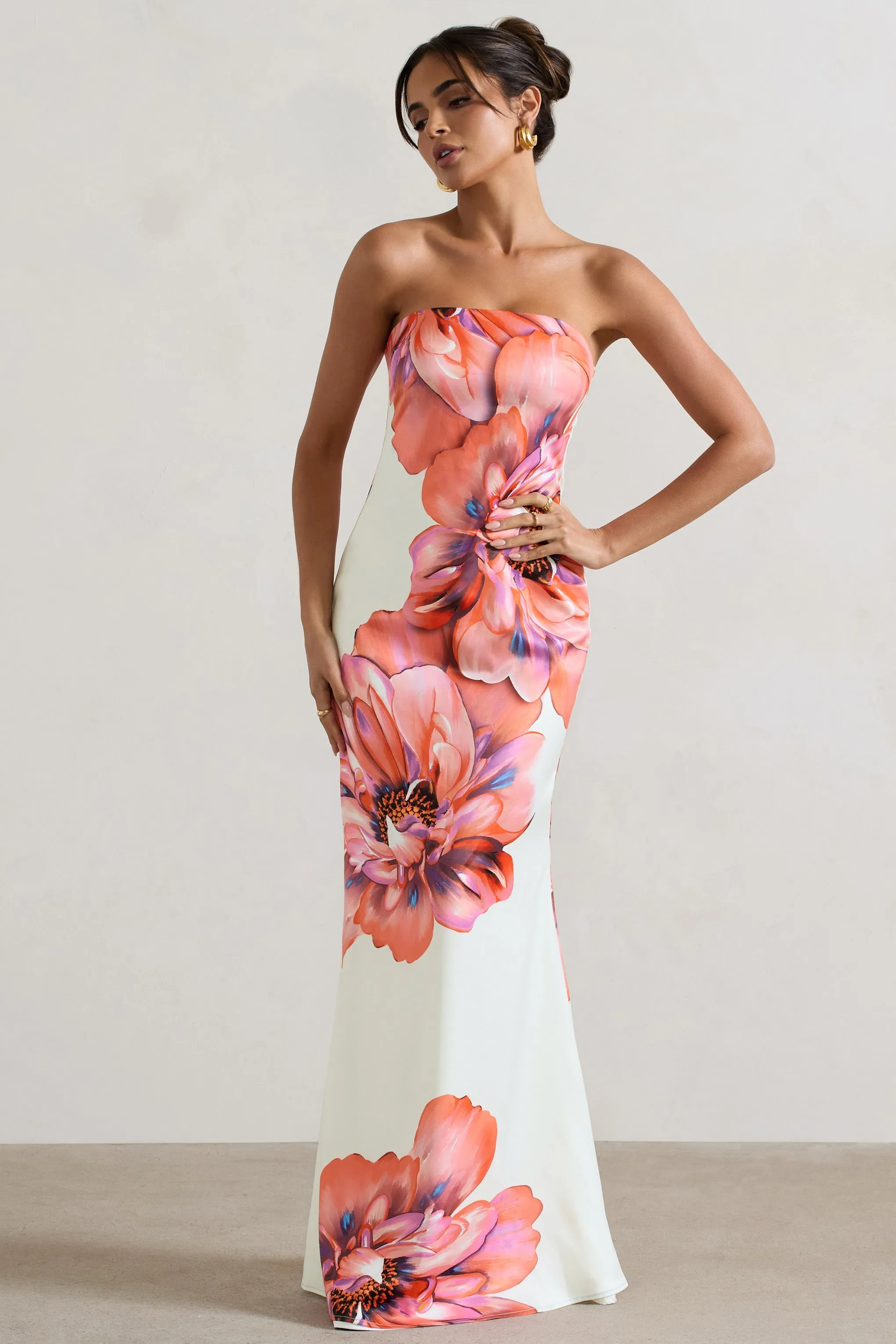 Sofiane | Cream & Pink Floral Print Bandeau Maxi Dress