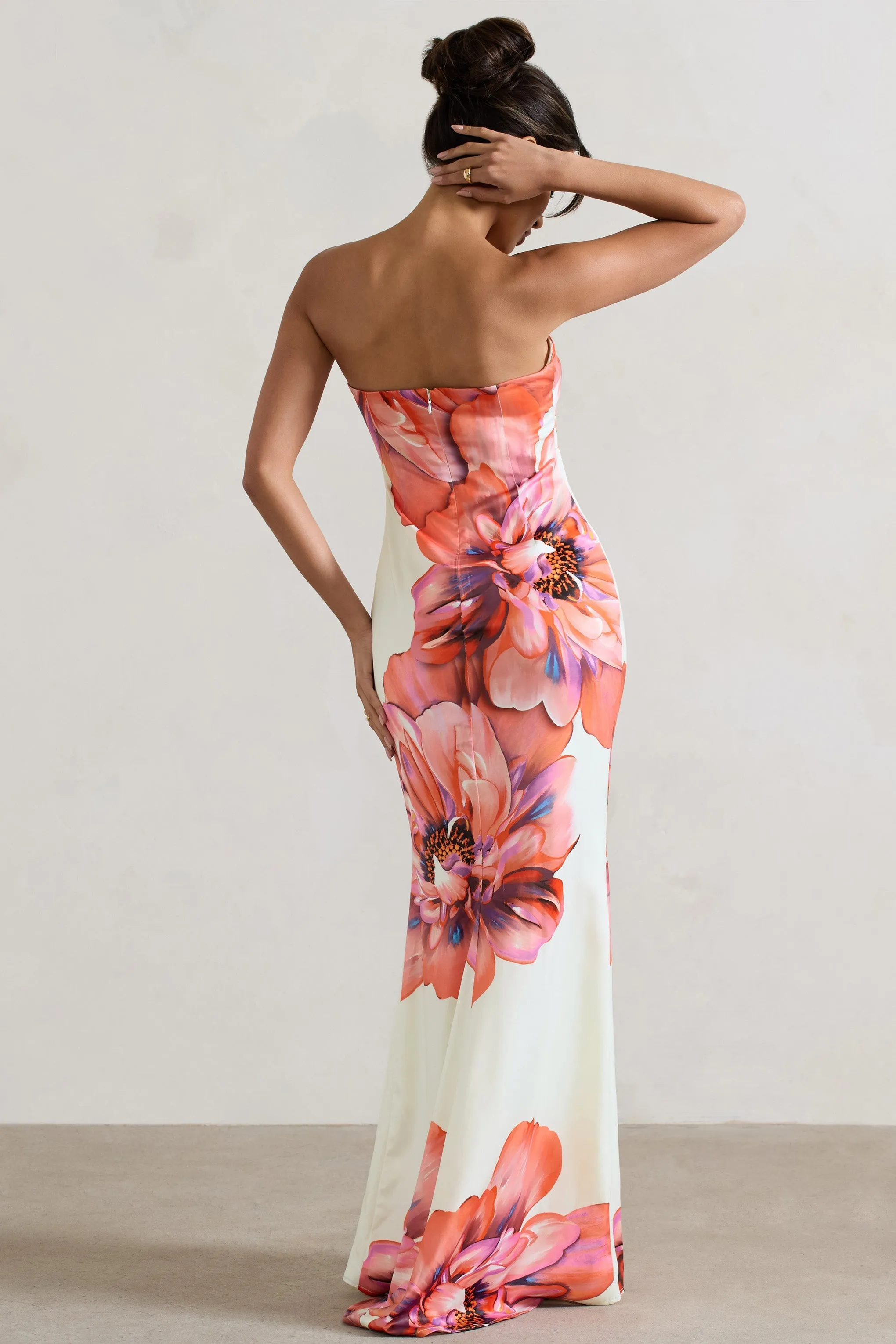 Sofiane | Cream & Pink Floral Print Bandeau Maxi Dress