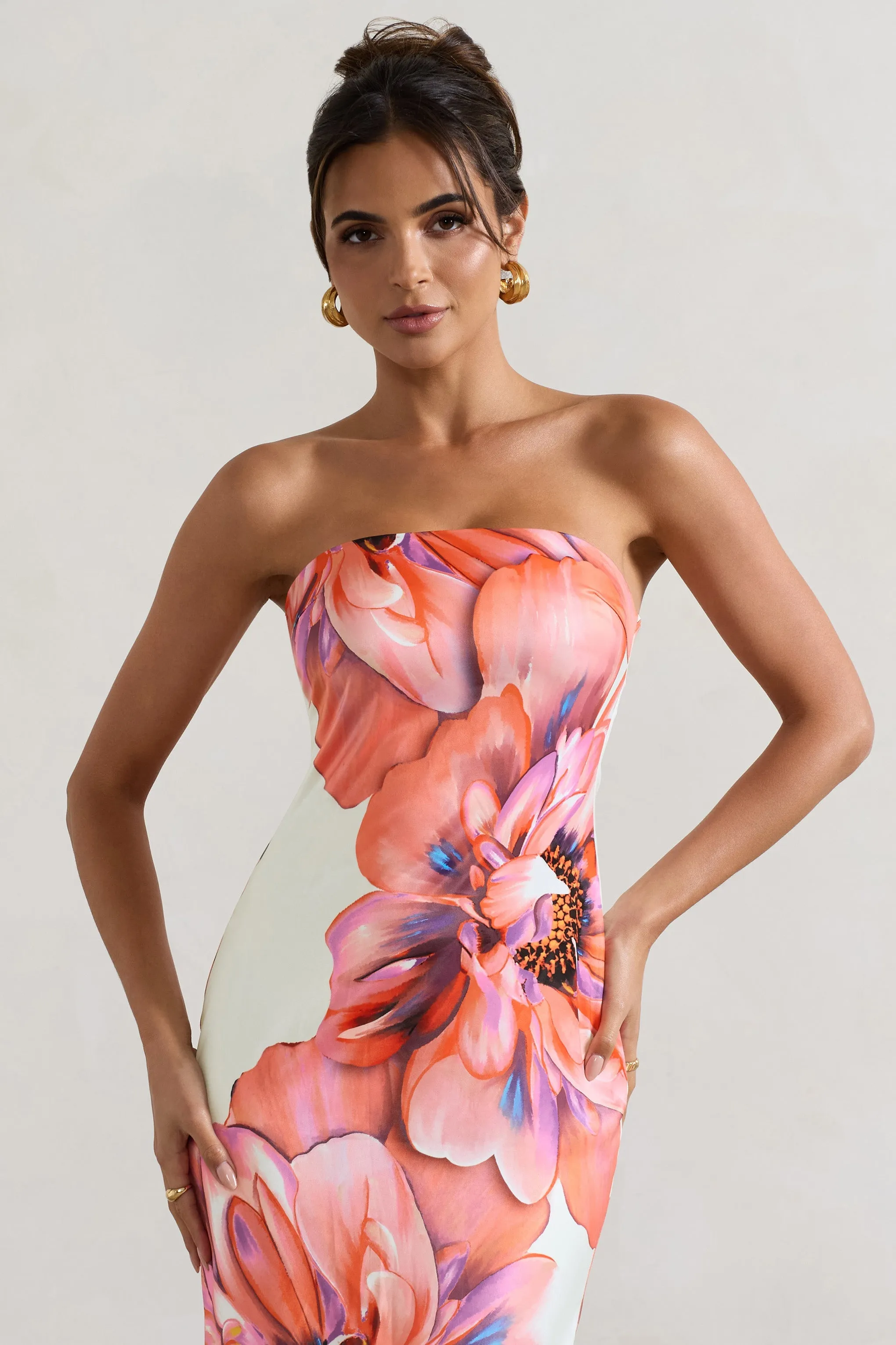 Sofiane | Cream & Pink Floral Print Bandeau Maxi Dress